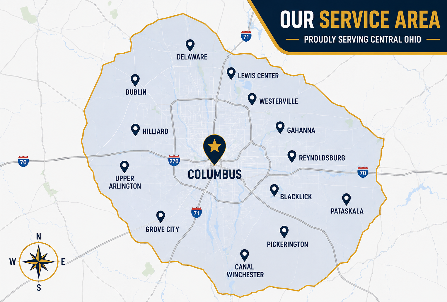 Heroic Gutters service area map — Central Ohio